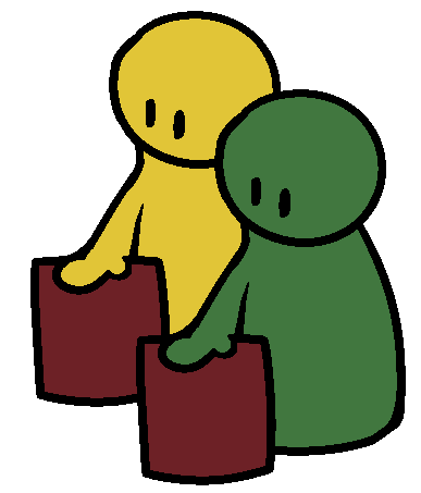 A yellow and a green figure next to each other, touching red squares.
